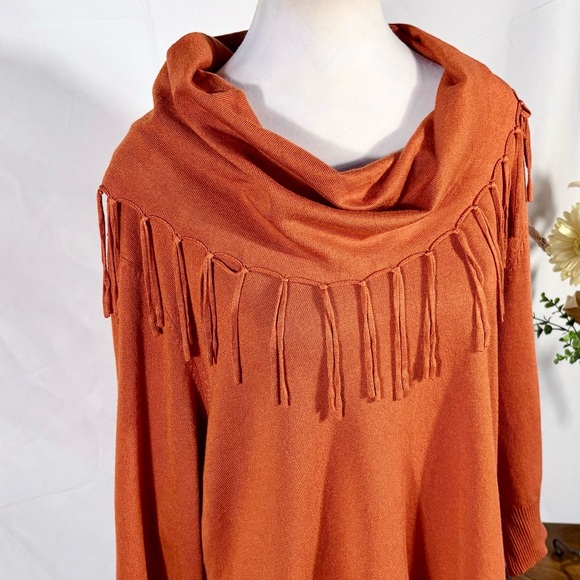 NWOT NOTATIONS Rust Orange Fringe Cowl Neck Elbow Sleeve Sweater Womens 1X💚 - Picture 2 of 9